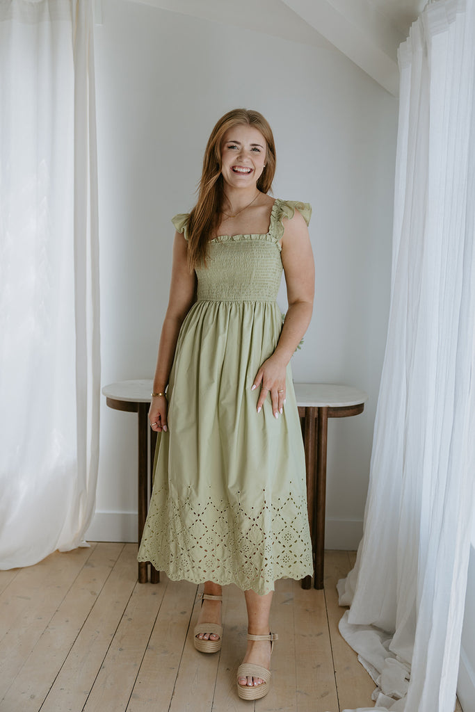 Smocked & Ruffle Midi With Eyelet Details