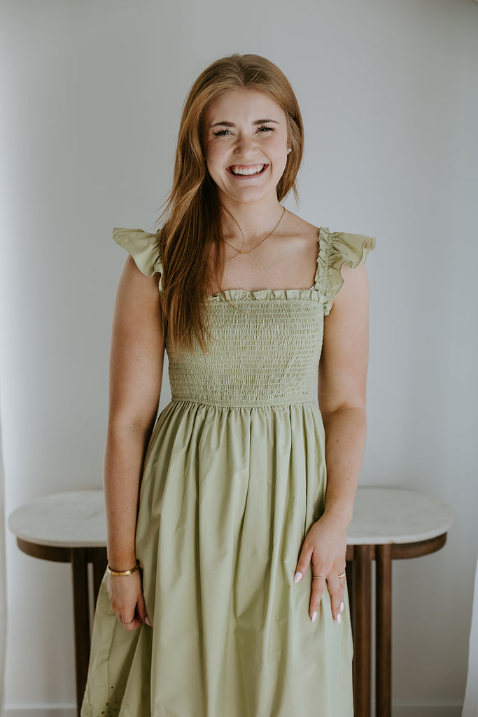 Smocked & Ruffle Midi With Eyelet Details
