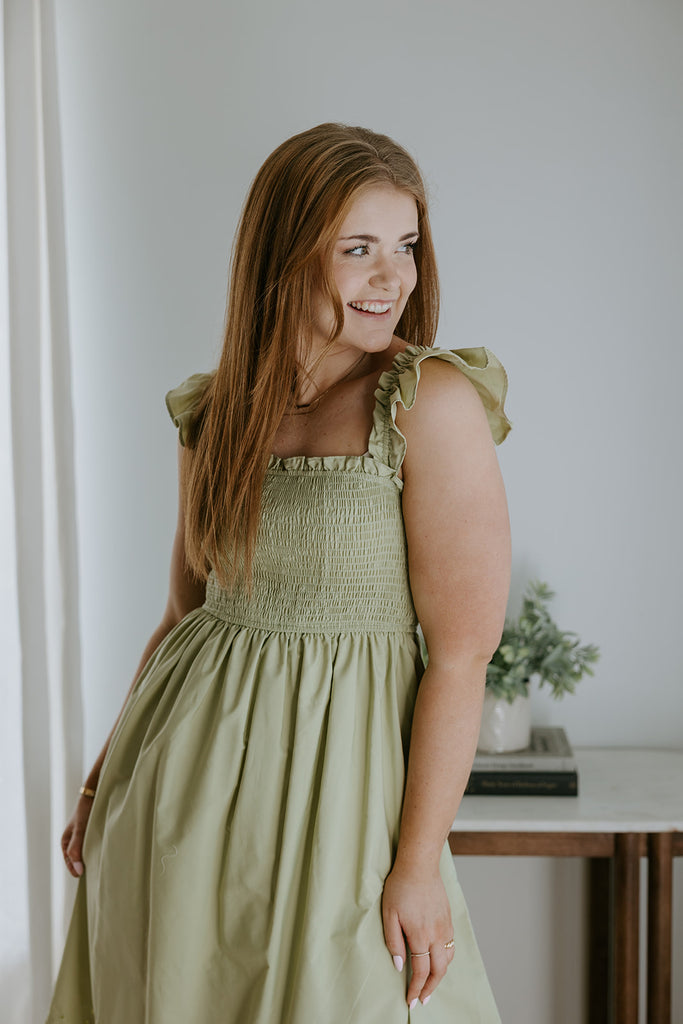 Smocked & Ruffle Midi With Eyelet Details