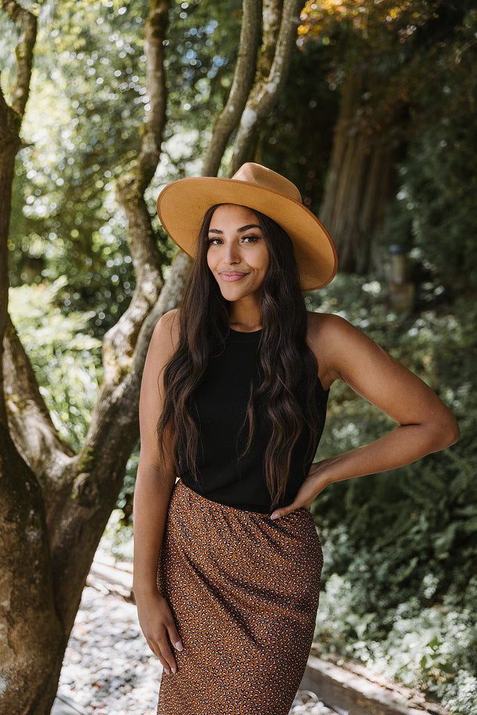 Satin Animal Print Midi Skirt - Brown