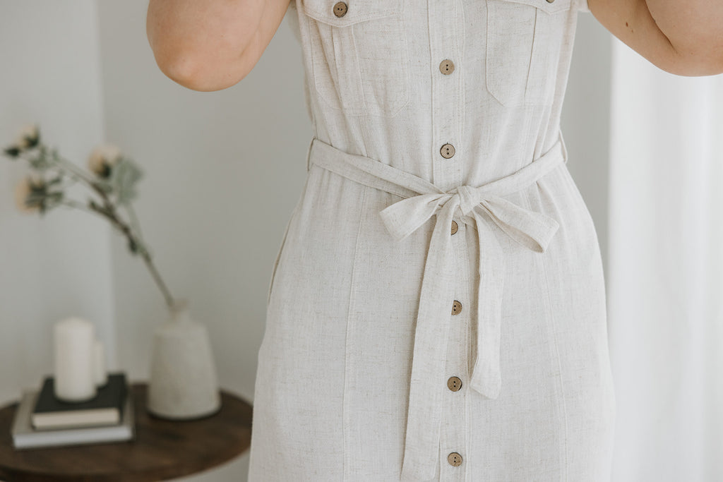 Linen Button Down Safari Dress - Oat