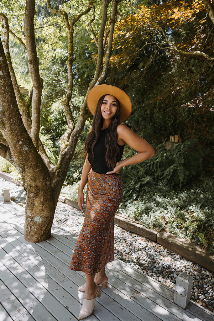 Satin Animal Print Midi Skirt - Brown