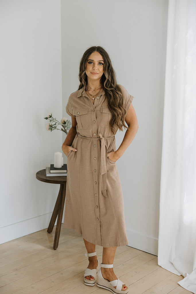 Linen Button Down Safari Dress - Mocha