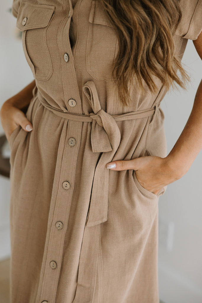 Linen Button Down Safari Dress - Mocha