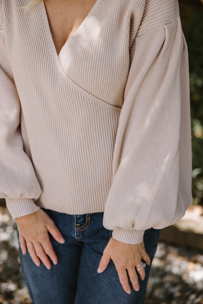 Faux Wrap Sweater - Taupe