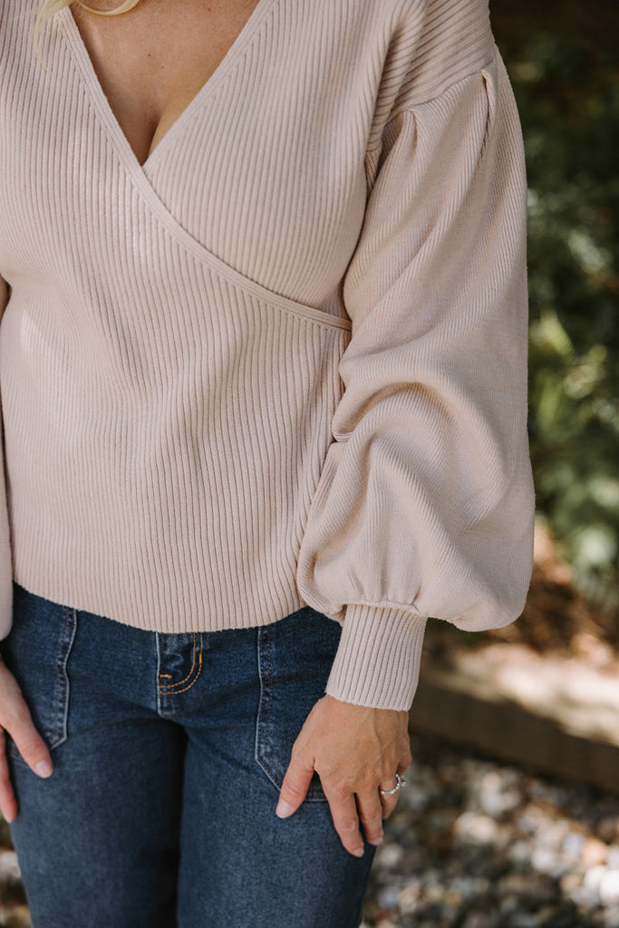 Faux Wrap Sweater - Taupe
