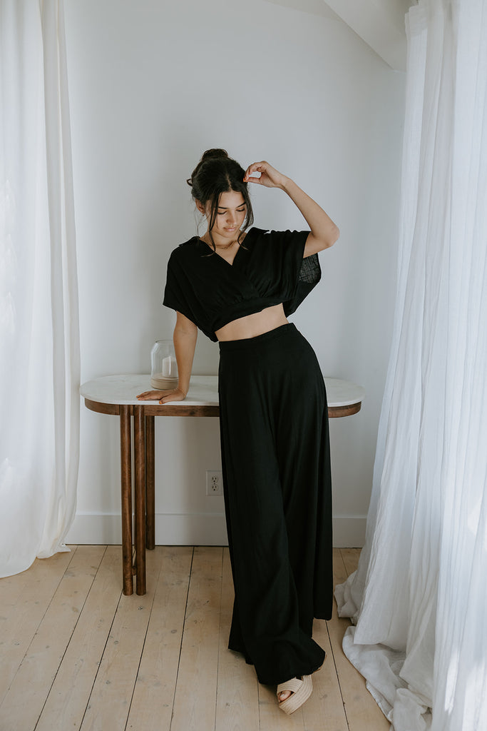 Drape Top with Wide Leg Pant - Linen - Black