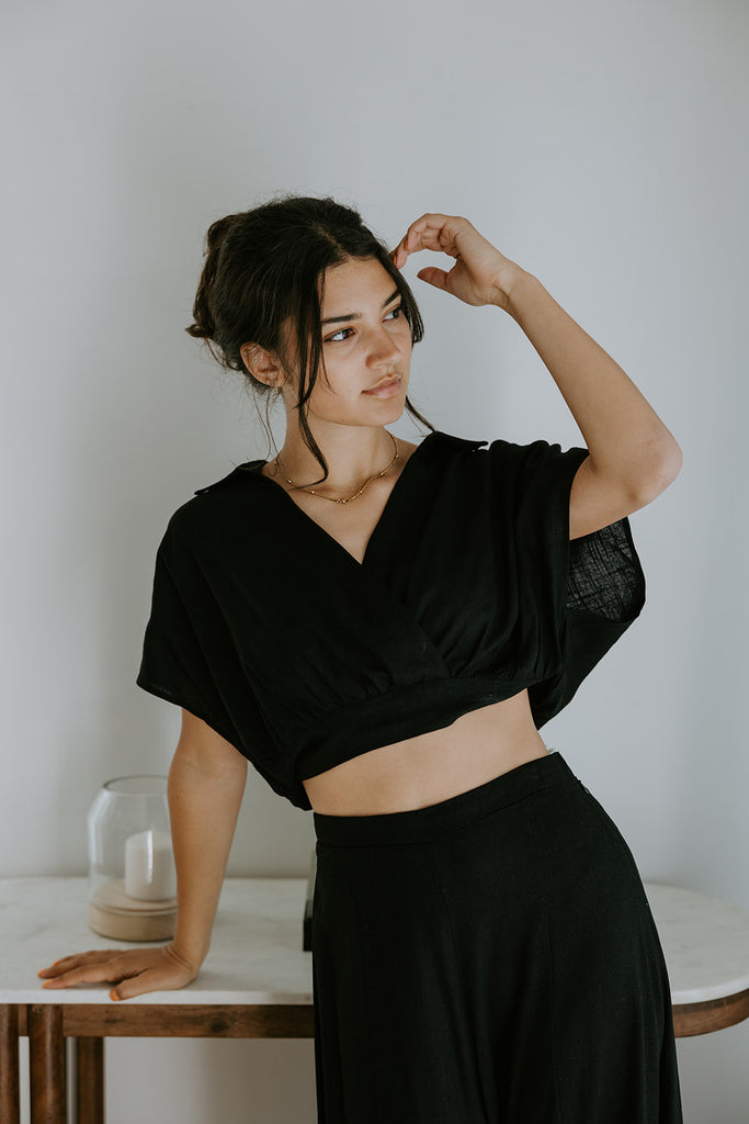 Drape Top with Wide Leg Pant - Linen - Black