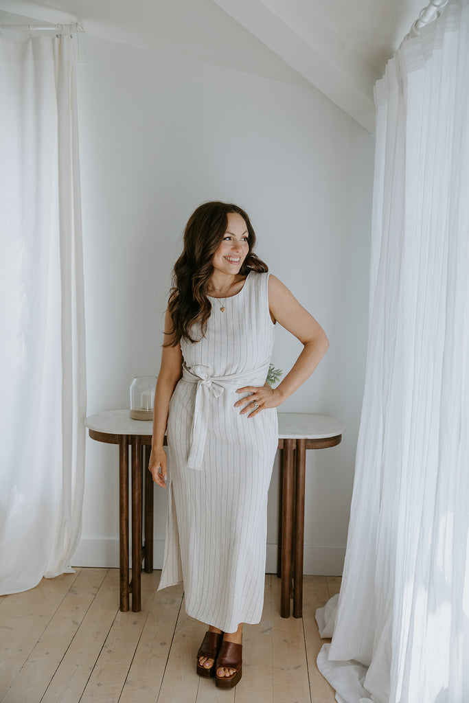 Striped Linen Dress with Smocked Back - Oat