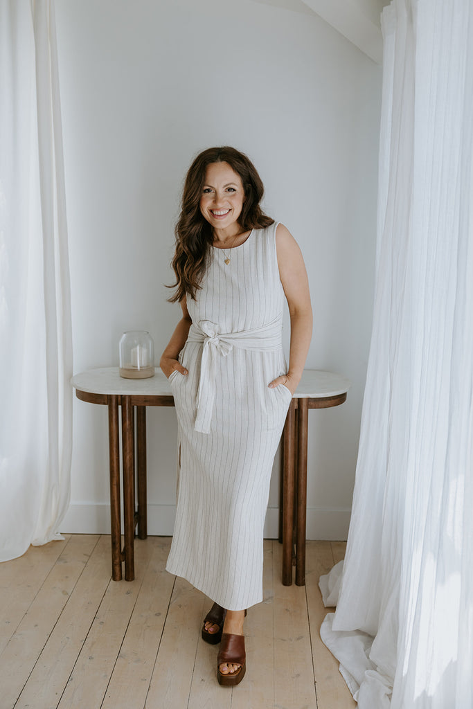 Striped Linen Dress with Smocked Back - Oat