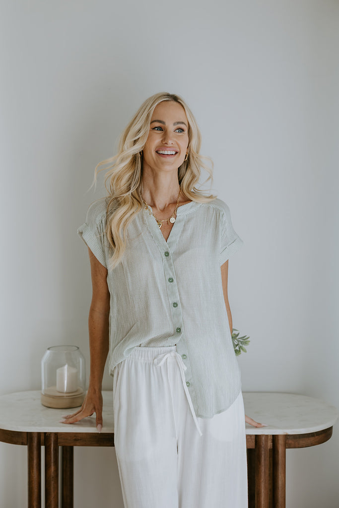 Striped Short Sleeve Blouse - Green