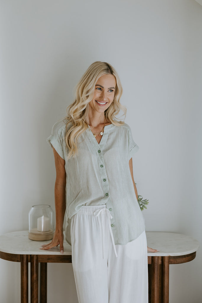 Striped Short Sleeve Blouse - Green