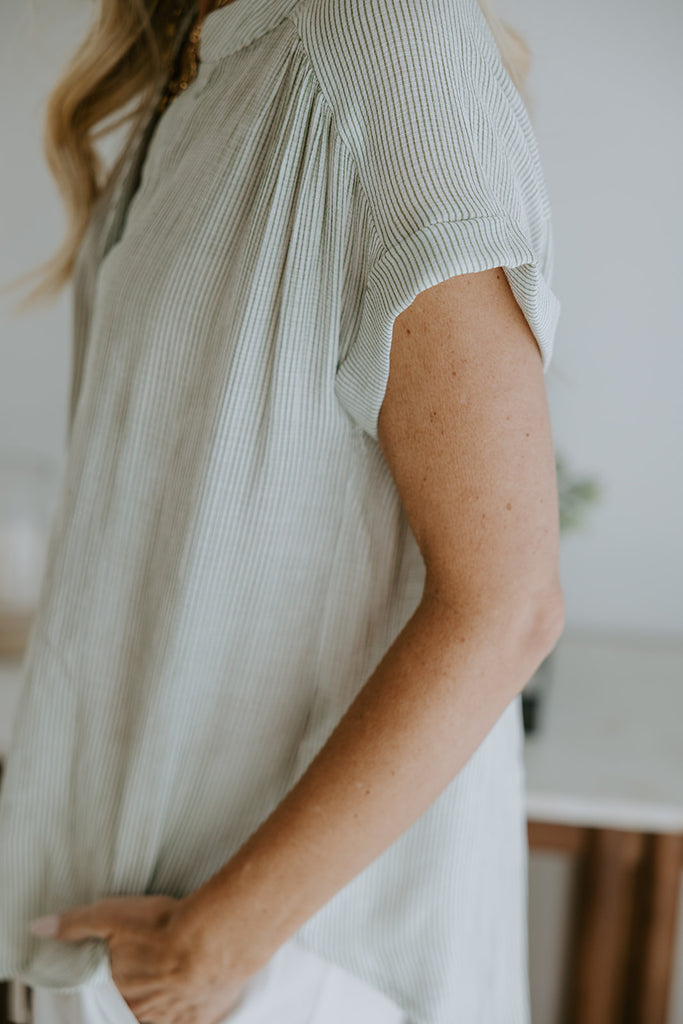 Striped Short Sleeve Blouse - Green