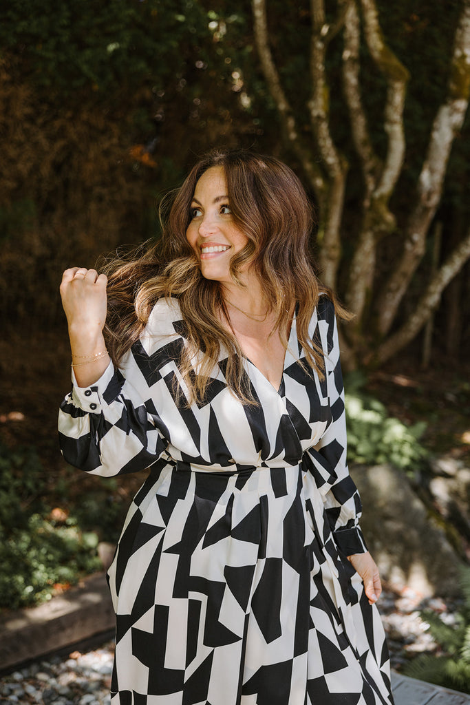 Geometric Black & White Wrap Dress