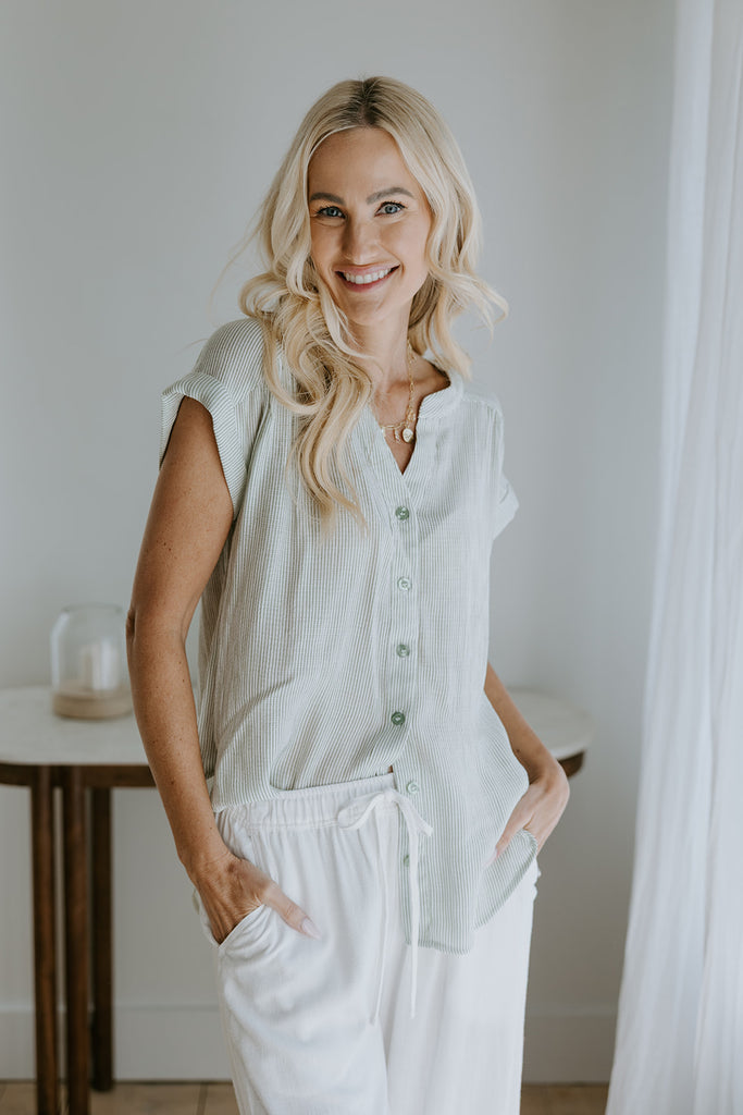 Striped Short Sleeve Blouse - Green