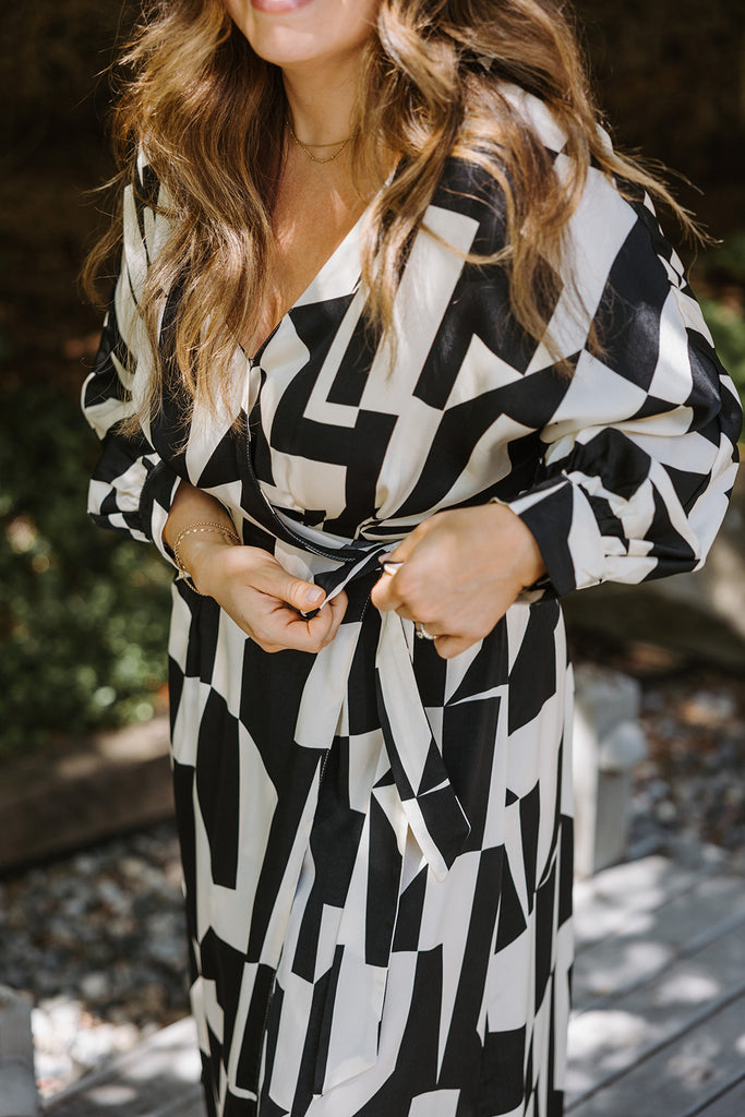 Geometric Black & White Wrap Dress
