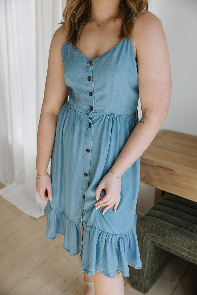 Button Up Denim Dress - Blue