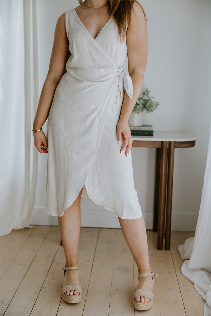 Linen Mock Wrap Dress with Tie - Natural