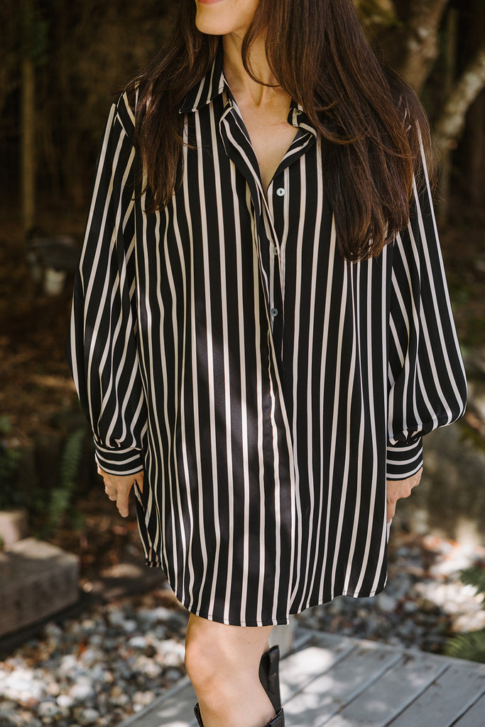 Striped Button Up Shirtdress - Black