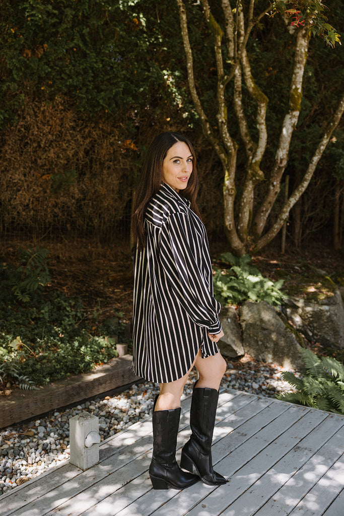 Striped Button Up Shirtdress - Black
