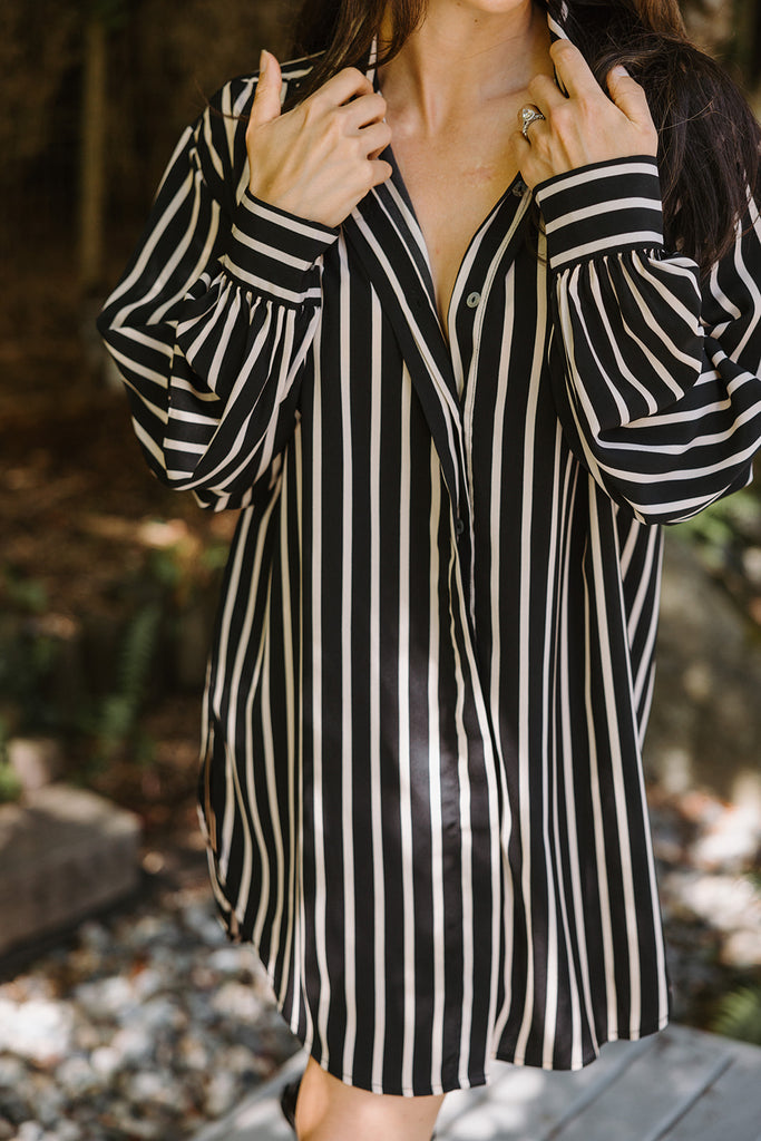 Striped Button Up Shirtdress - Black
