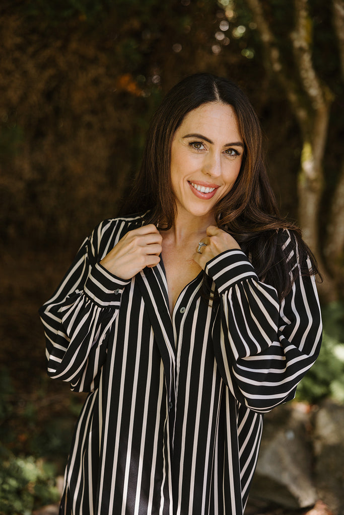Striped Button Up Shirtdress - Black