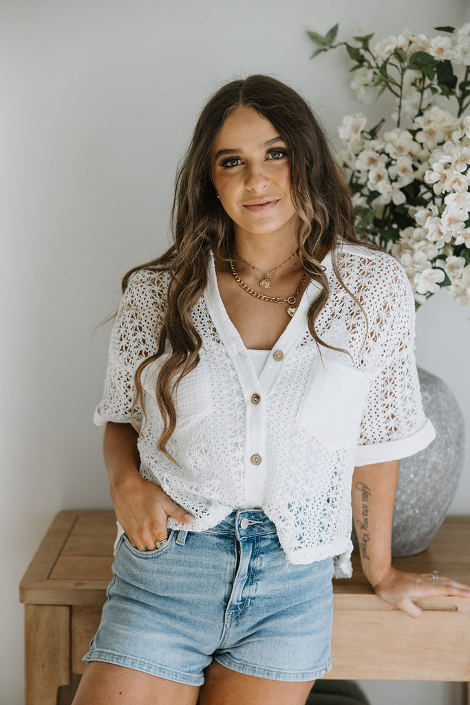 Button Up Collared Crochet - White