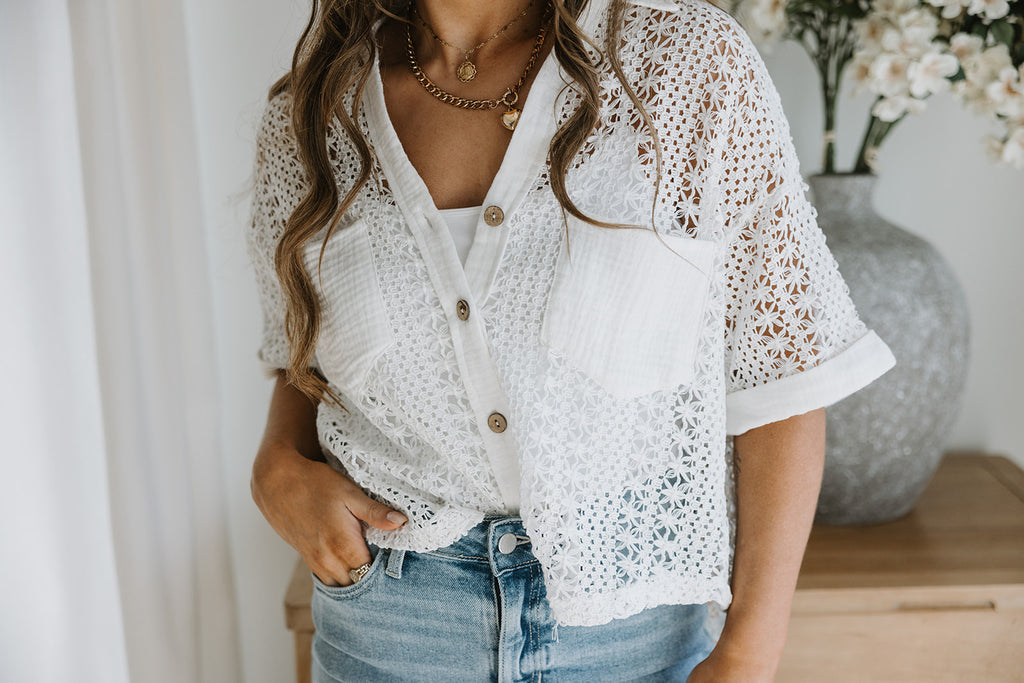Button Up Collared Crochet - White