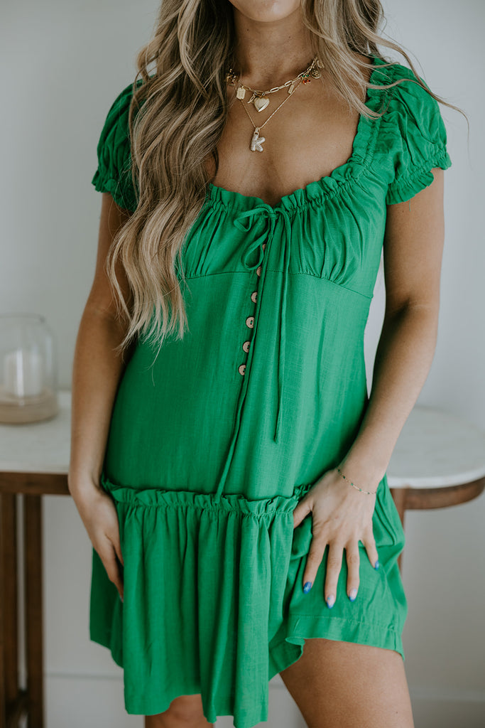 Linen Ruffle Summer Dress - Green