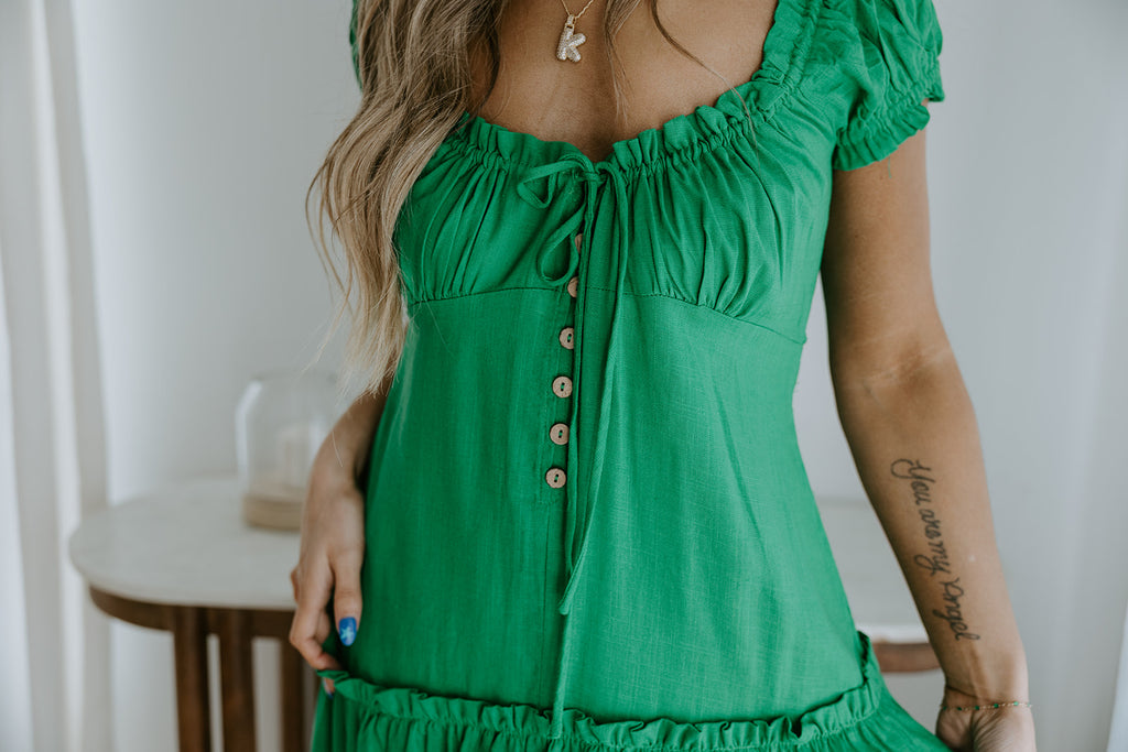 Linen Ruffle Summer Dress - Green