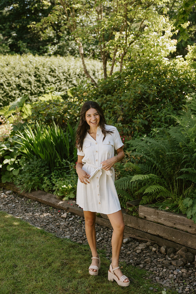 Collared Button Down Belted Dress - Natural