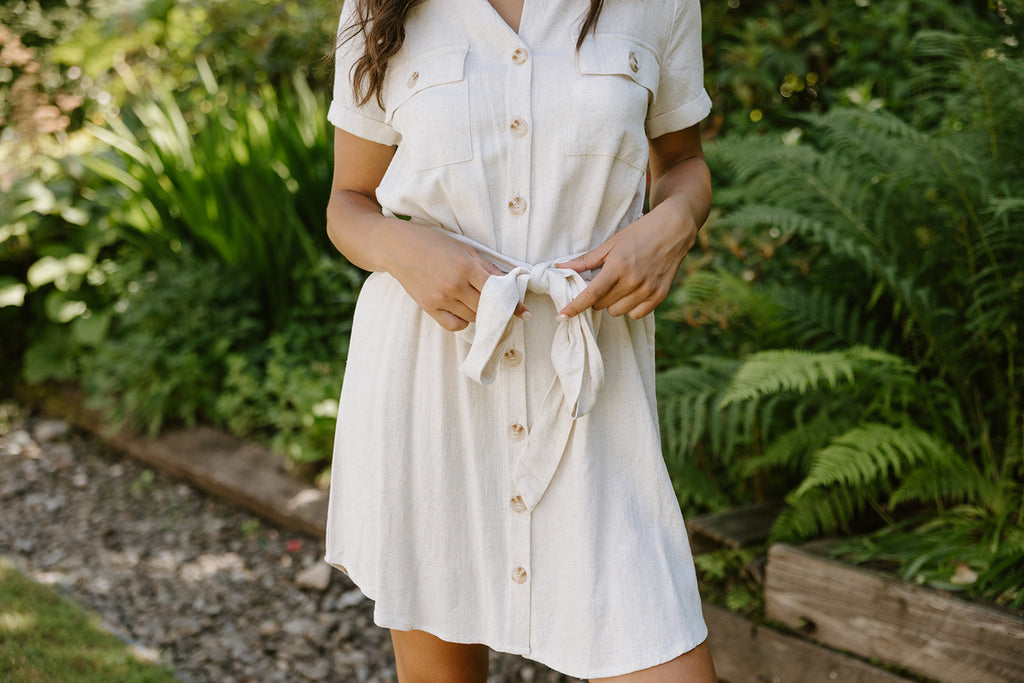Collared Button Down Belted Dress - Natural