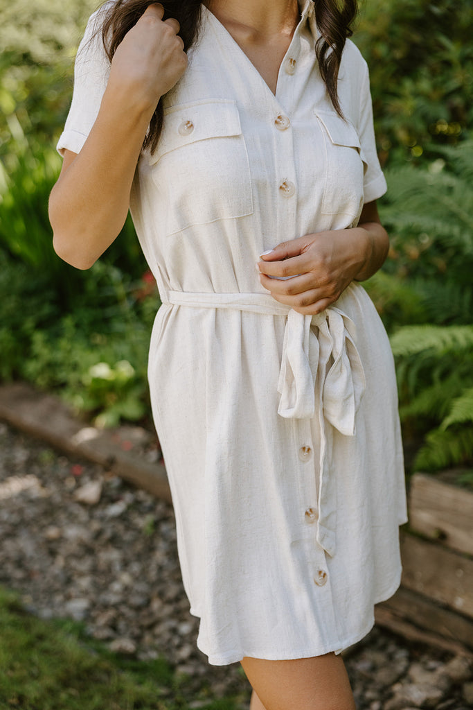 Collared Button Down Belted Dress - Natural