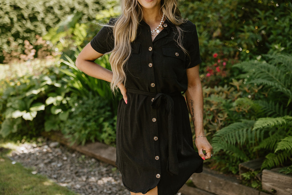 Collared Button Down Belted Dress - Black