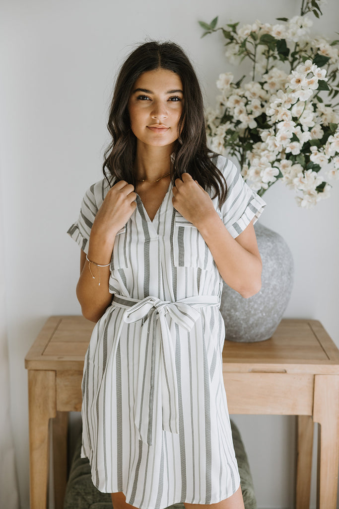 Striped Button Up Dress - Olive