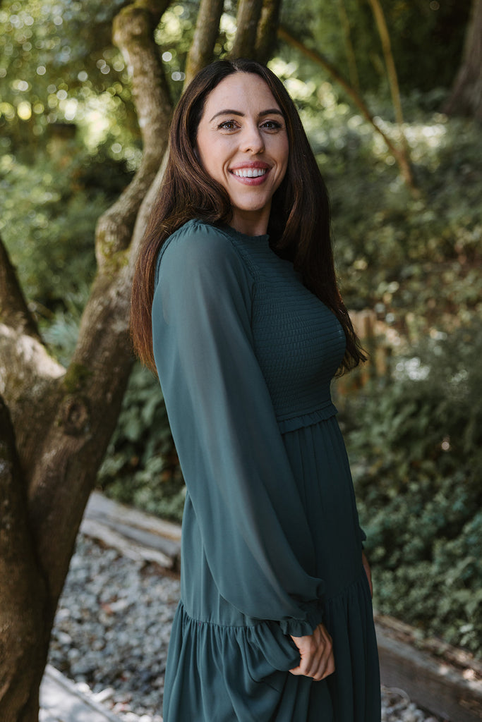 Smocked Midi Dress with Sleeve - Green