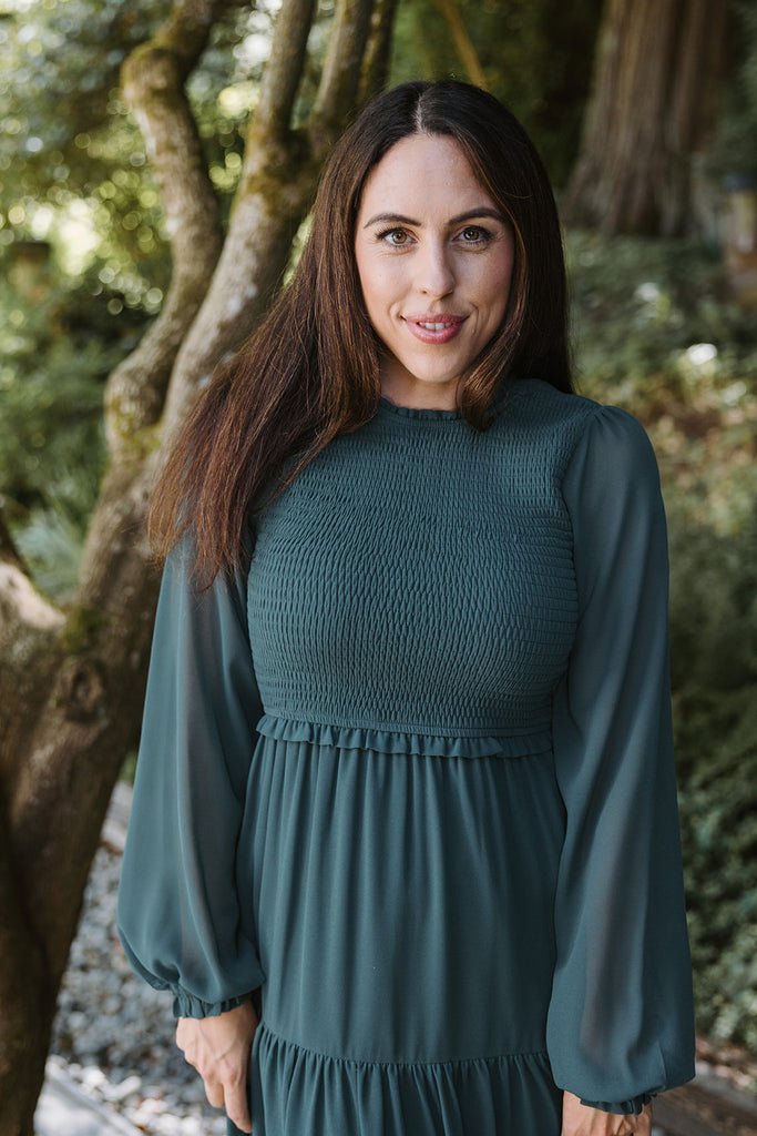 Smocked Midi Dress with Sleeve - Green