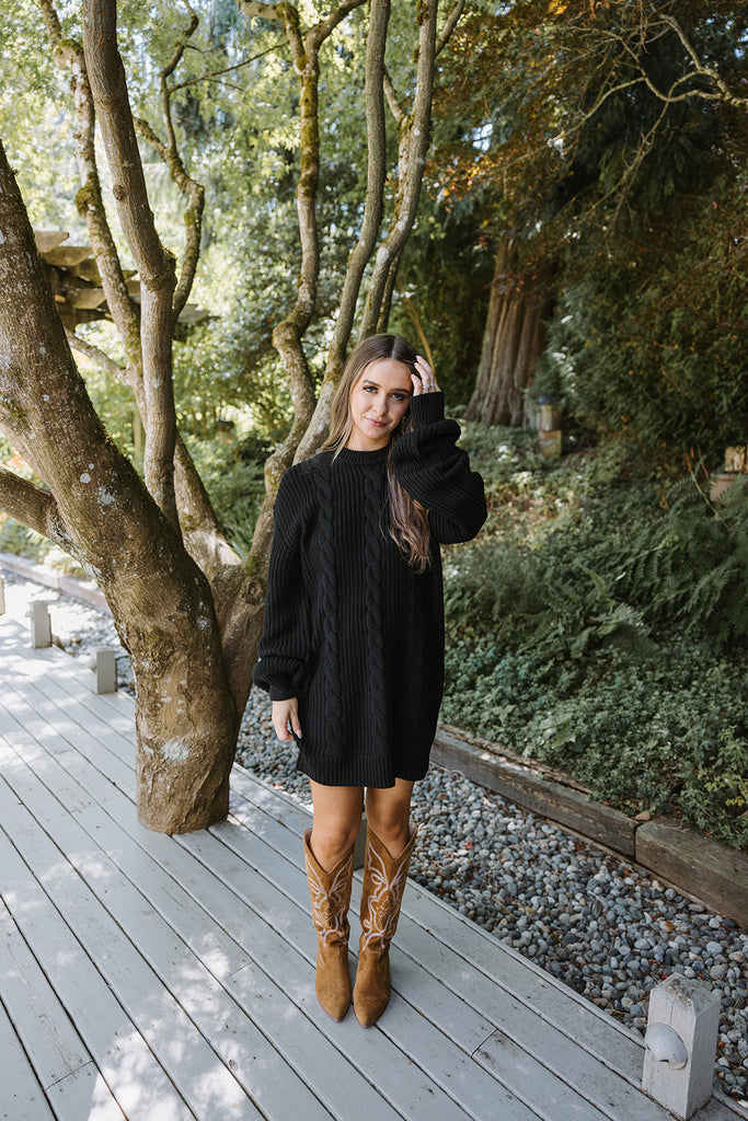 Cable Knit Sweater Dress - Black