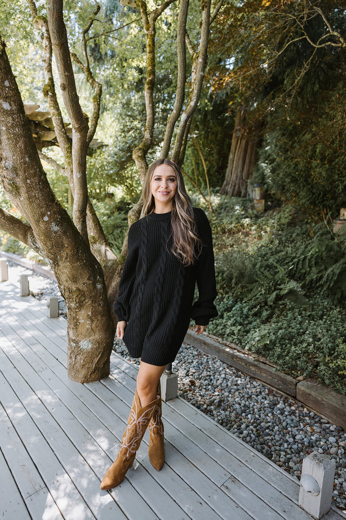 Cable Knit Sweater Dress - Black