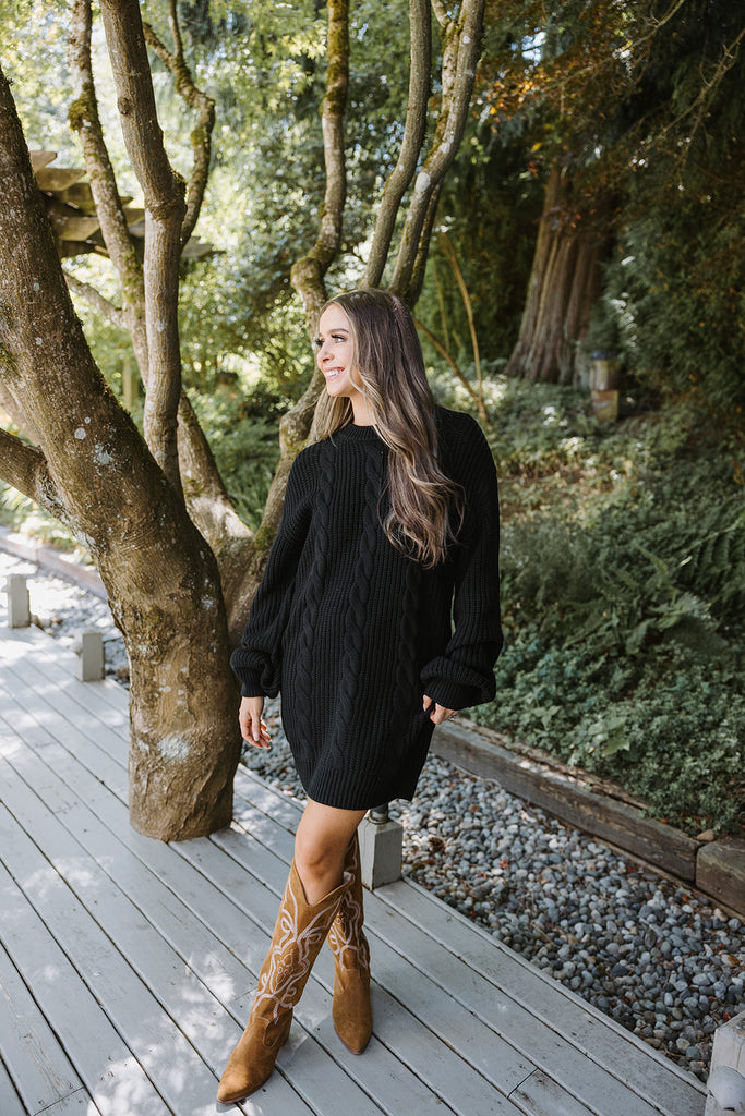 Cable Knit Sweater Dress - Black