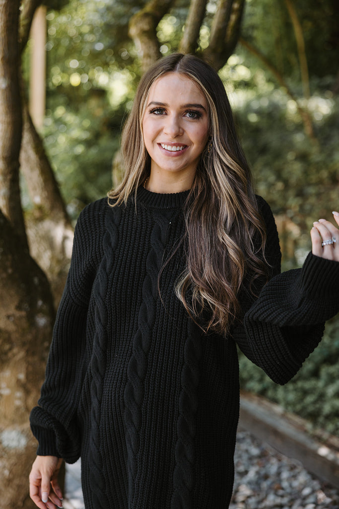 Cable Knit Sweater Dress - Black