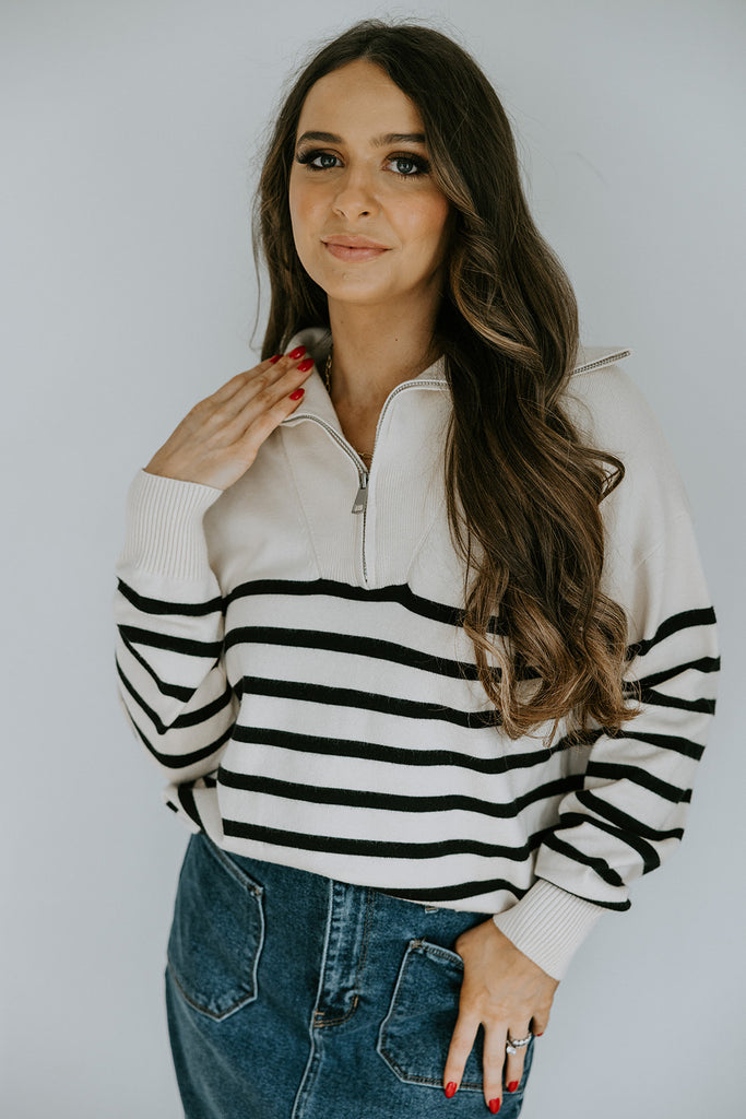Half Zip Striped Sweater - Oat