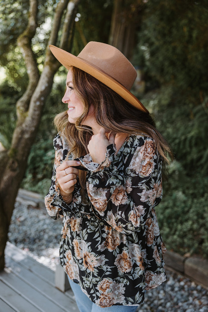 Floral Print Flowy Blouse - Black