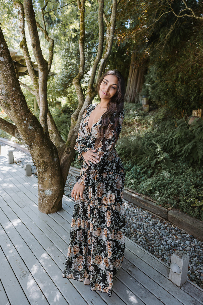 VNeck Maxi Floral Dress - Black