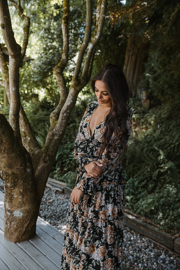 VNeck Maxi Floral Dress - Black