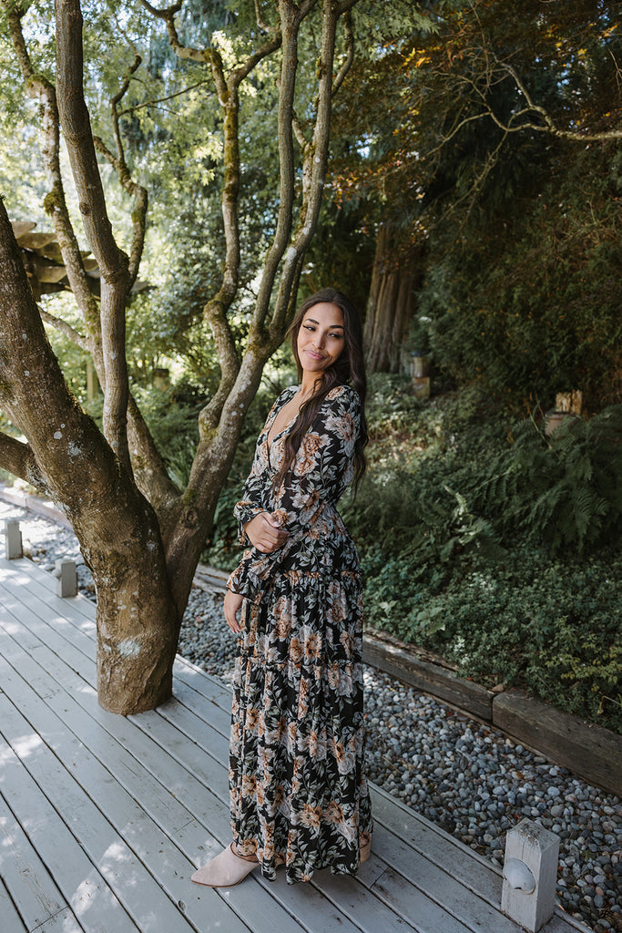 VNeck Maxi Floral Dress - Black