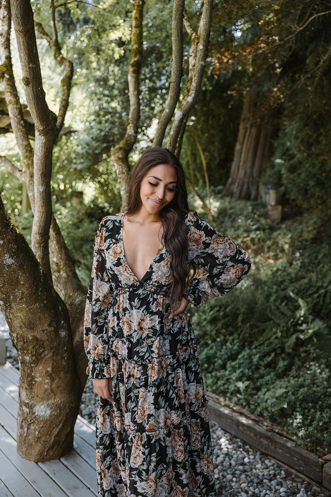 VNeck Maxi Floral Dress - Black