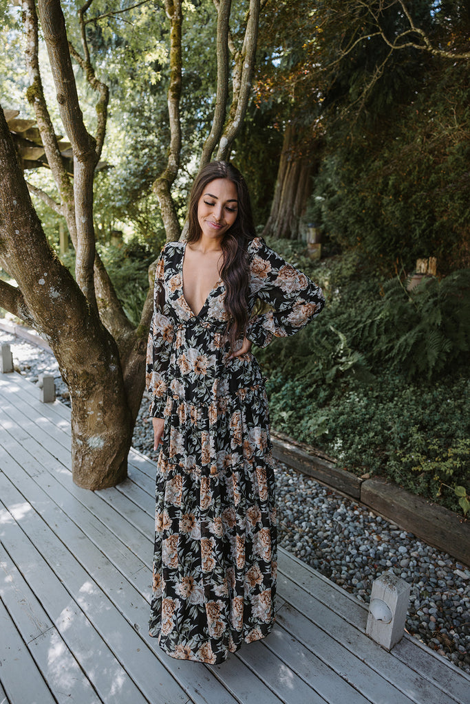VNeck Maxi Floral Dress - Black