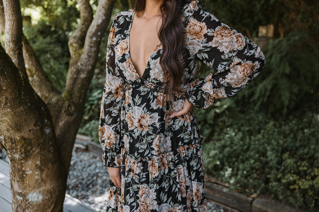 VNeck Maxi Floral Dress - Black