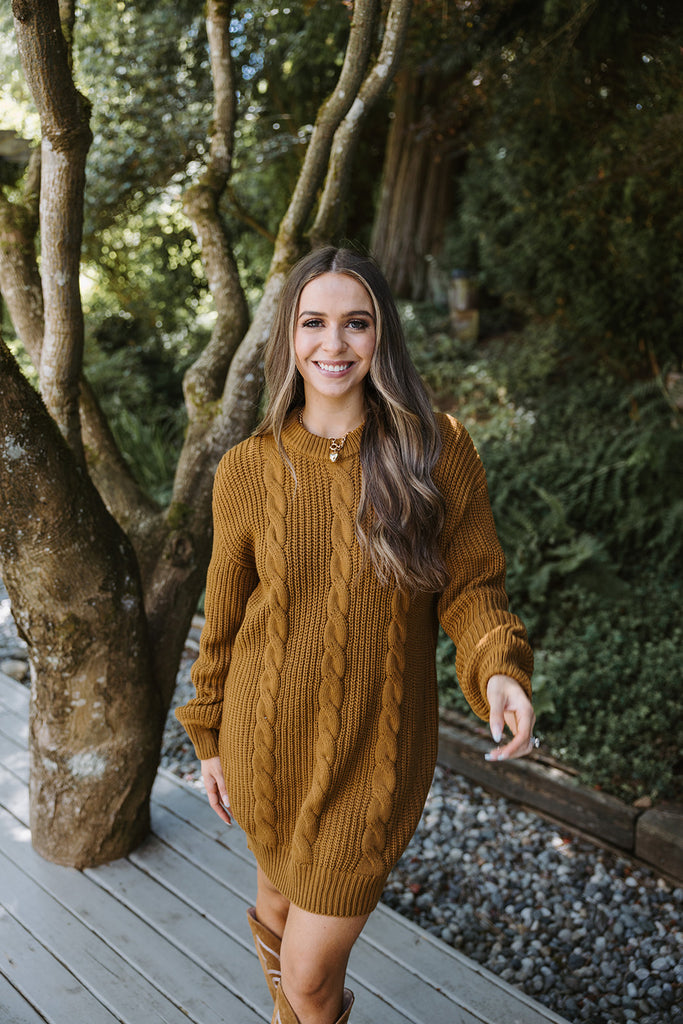 Cable Knit Sweater Dress - Cognac